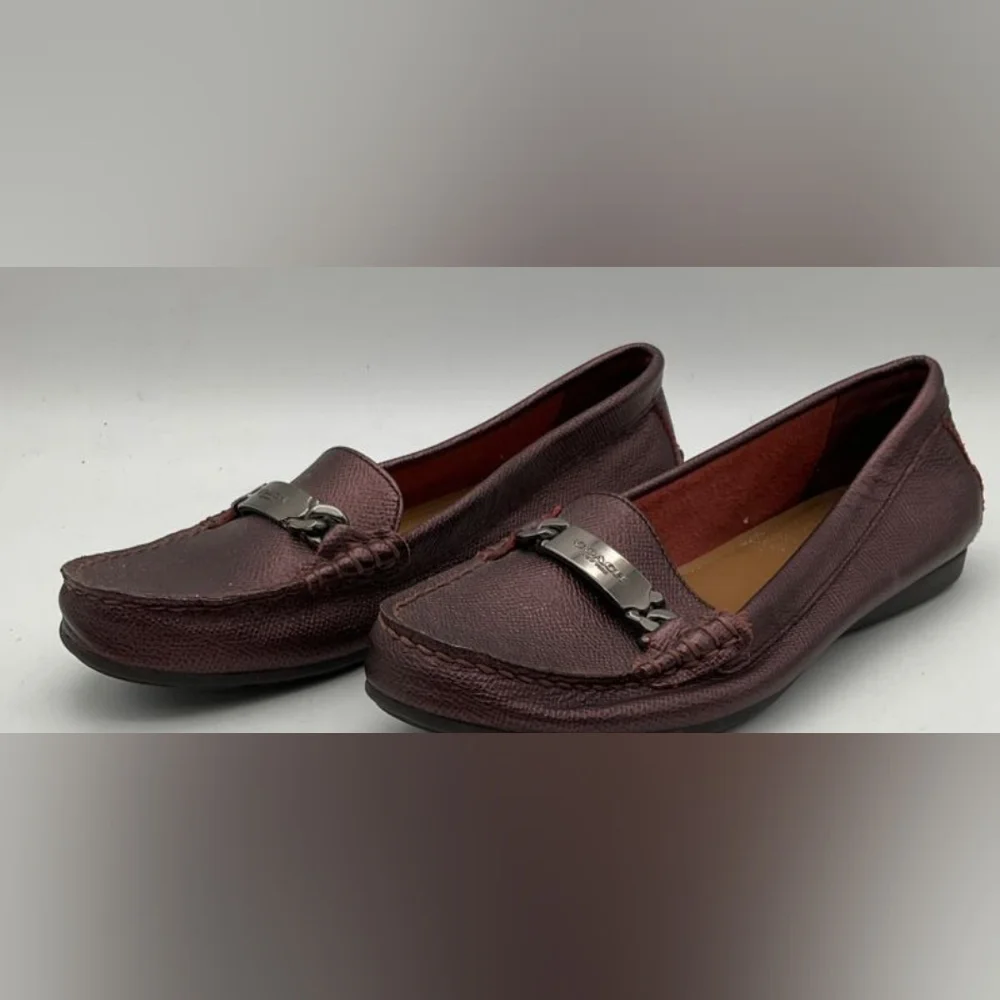 Coach Designer Olive Metallic Burgundy Crossgrain Leather Loafers Flats 6B - Picture 2 of 6